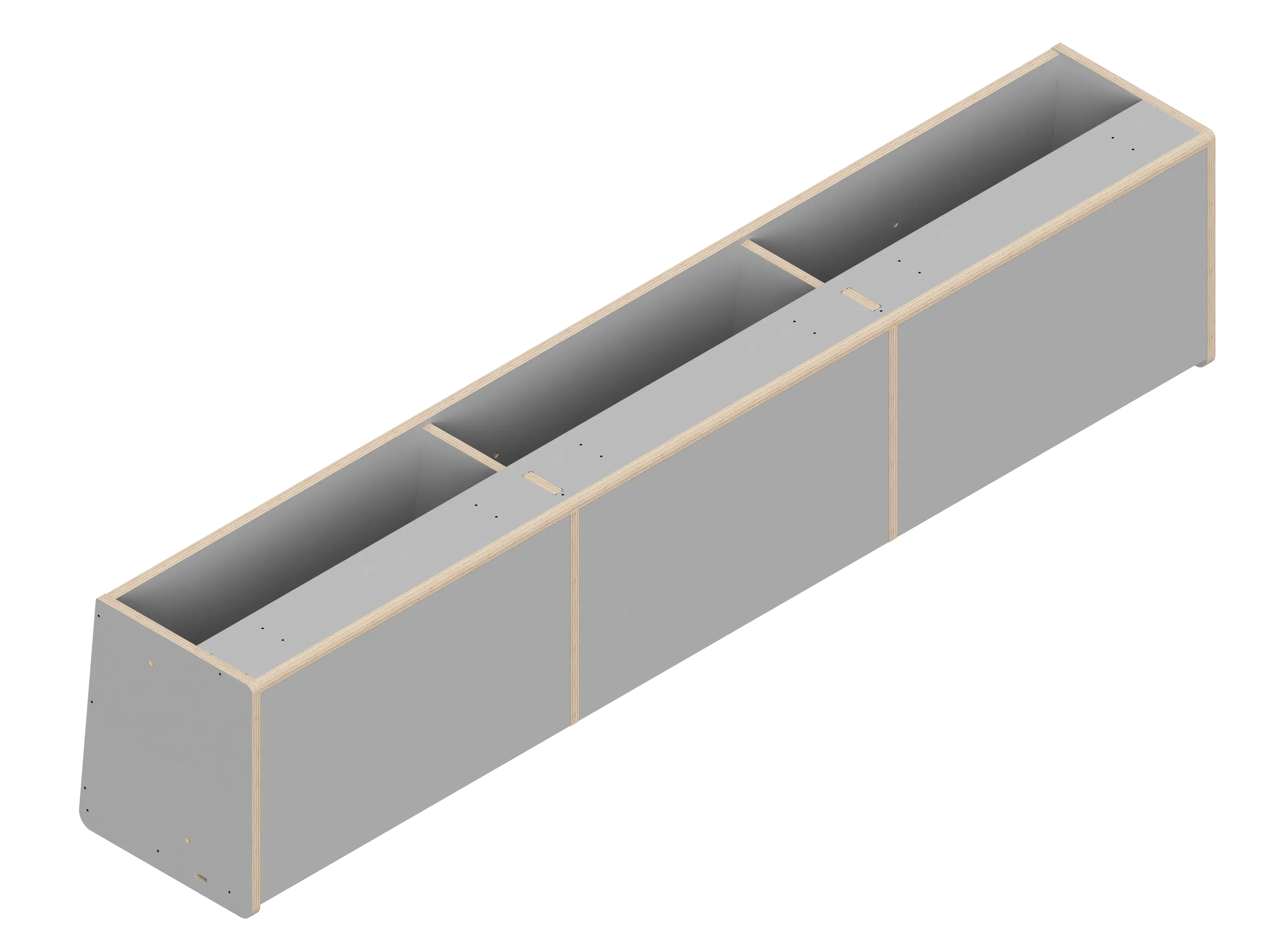 Isometric line drawing of The Vansmith DIY Front upper cabinet for Transit 148: a long, rectangular 60 unit with angled side panels, three sections divided by vertical supports, small holes on top edges, designed for soft-close hinges.