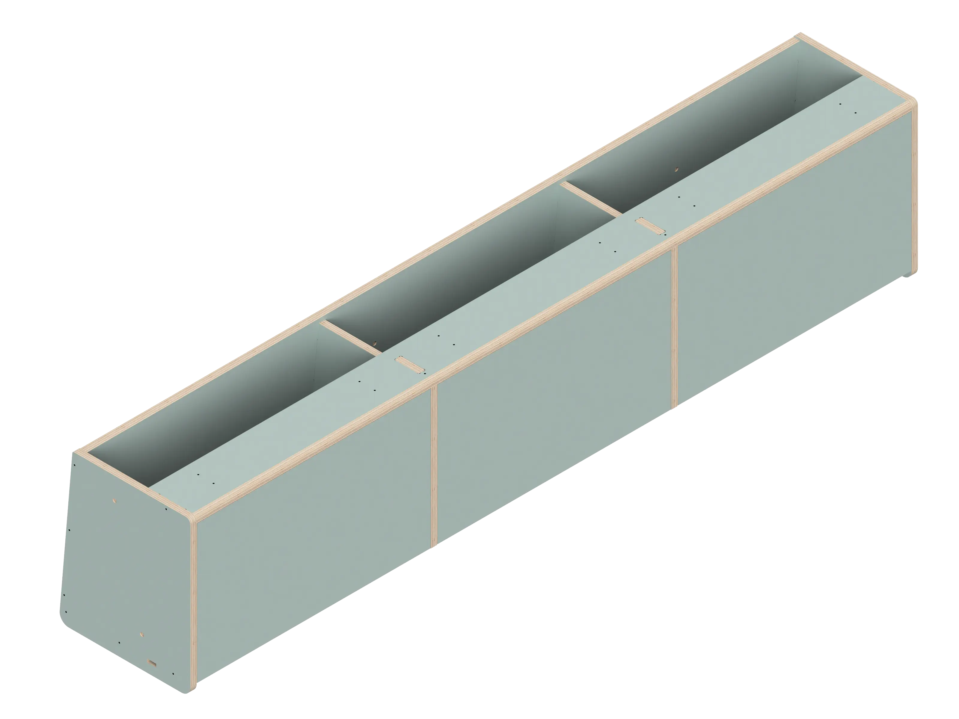 Isometric line drawing of The Vansmith DIY Front upper cabinet for Transit 148: a long, rectangular 60 unit with angled side panels, three sections divided by vertical supports, small holes on top edges, designed for soft-close hinges.