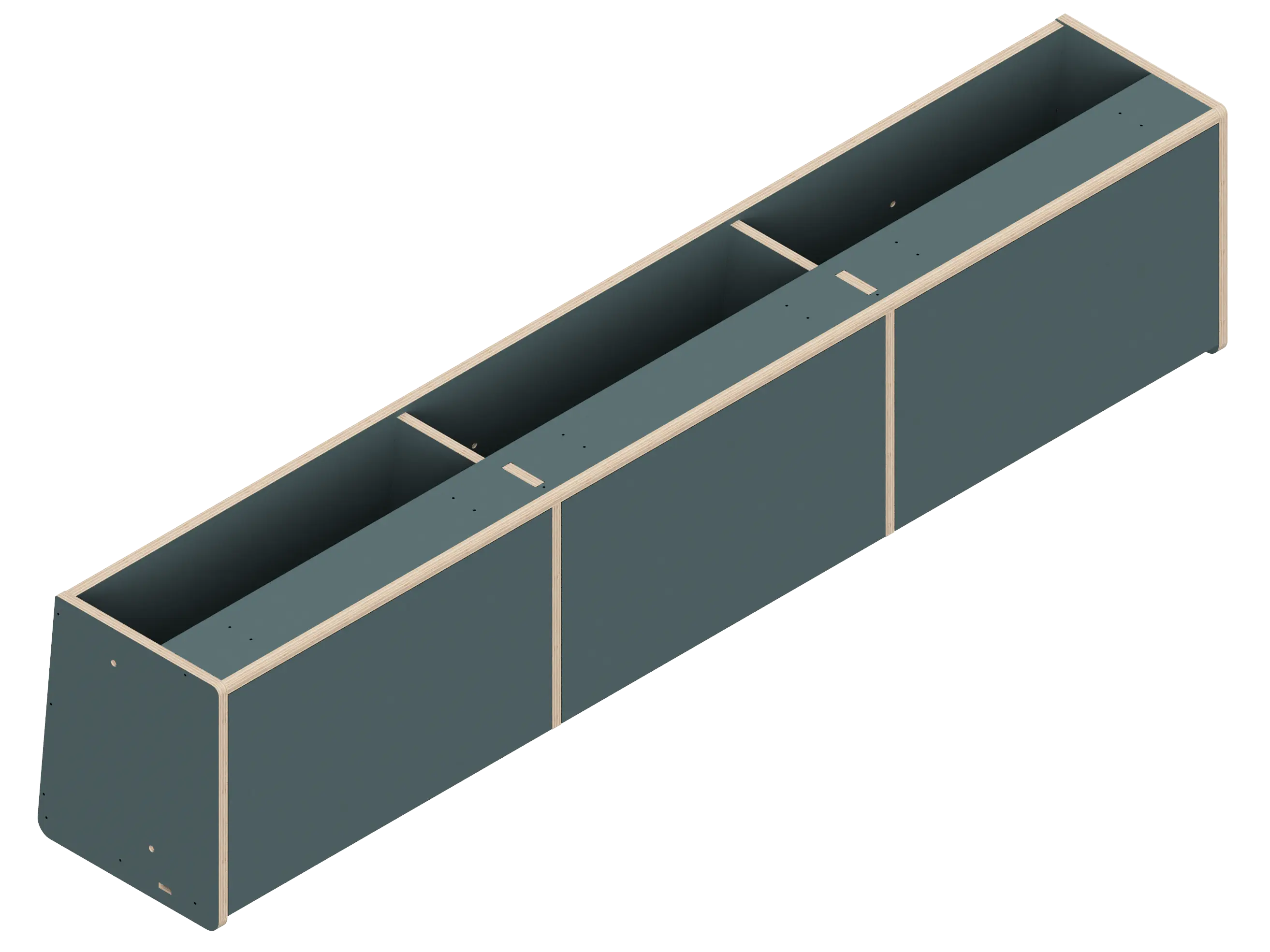 Isometric line drawing of The Vansmith DIY Front upper cabinet for Transit 148: a long, rectangular 60 unit with angled side panels, three sections divided by vertical supports, small holes on top edges, designed for soft-close hinges.