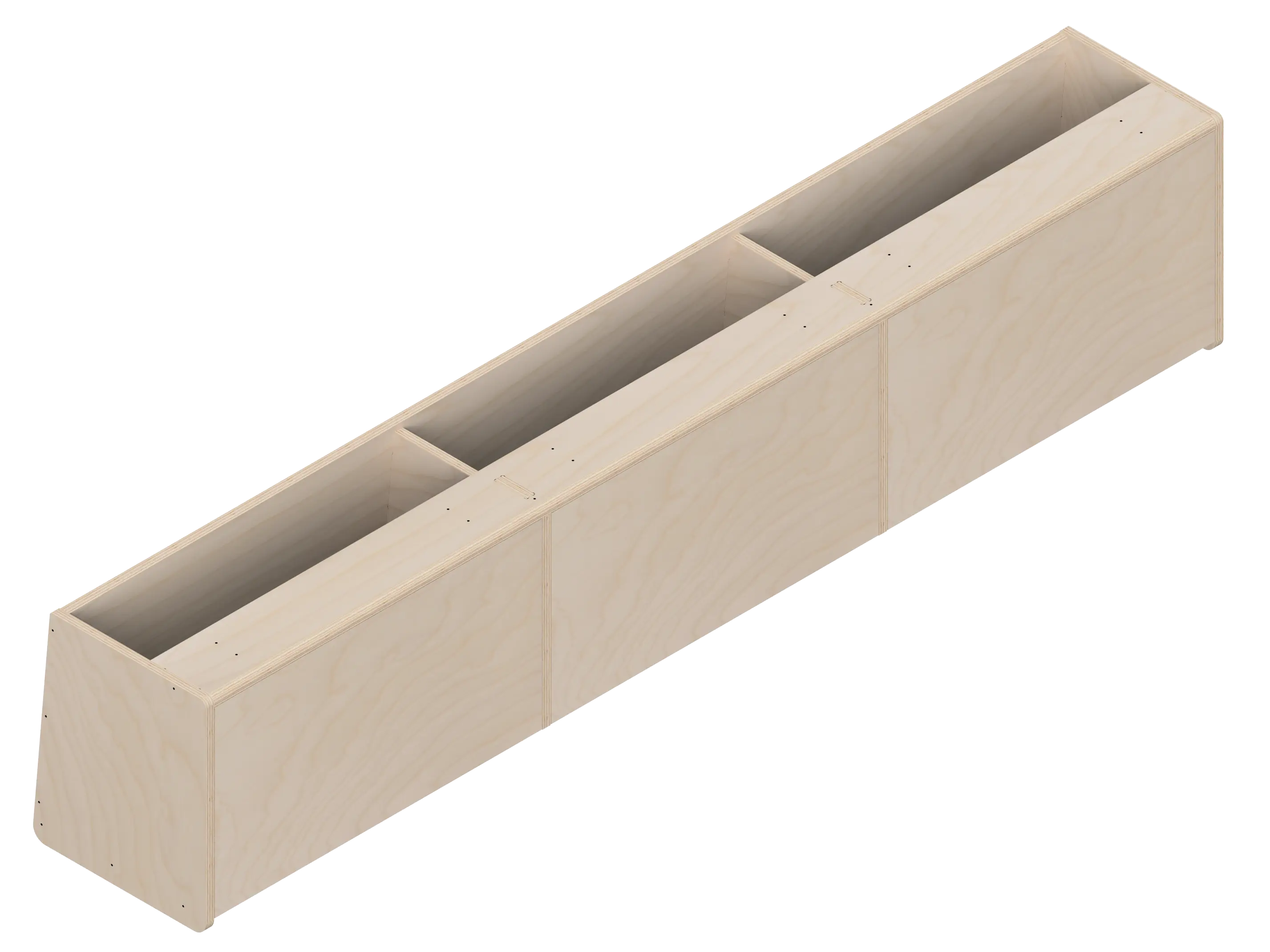 Line drawing of The Vansmith DIY Front upper cabinet for Transit 148E—rectangular with three compartments, vertical dividers, and angled sides. Made from Baltic Birch Plywood, this open storage unit has no visible doors or covers.
