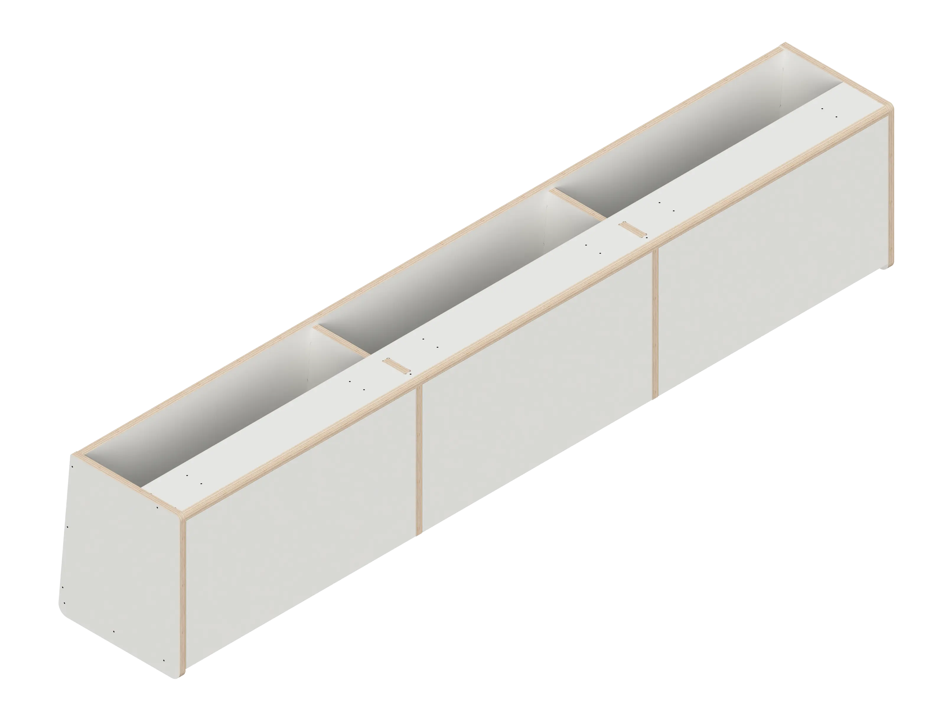 Line drawing of The Vansmith DIY Front upper cabinet for Transit 148E—rectangular with three compartments, vertical dividers, and angled sides. Made from Baltic Birch Plywood, this open storage unit has no visible doors or covers.