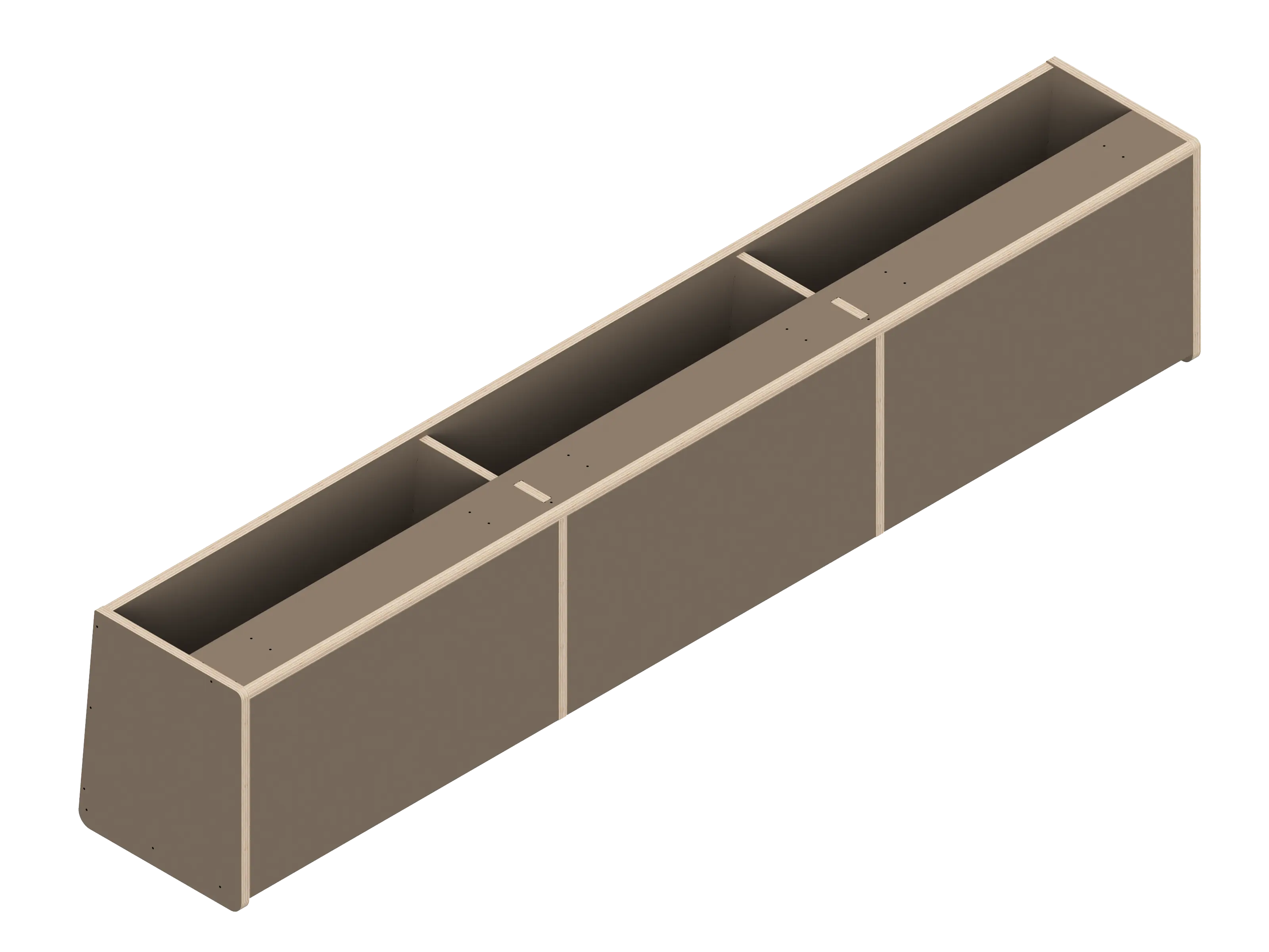 Line drawing of The Vansmith DIY Front upper cabinet for Transit 148E—rectangular with three compartments, vertical dividers, and angled sides. Made from Baltic Birch Plywood, this open storage unit has no visible doors or covers.
