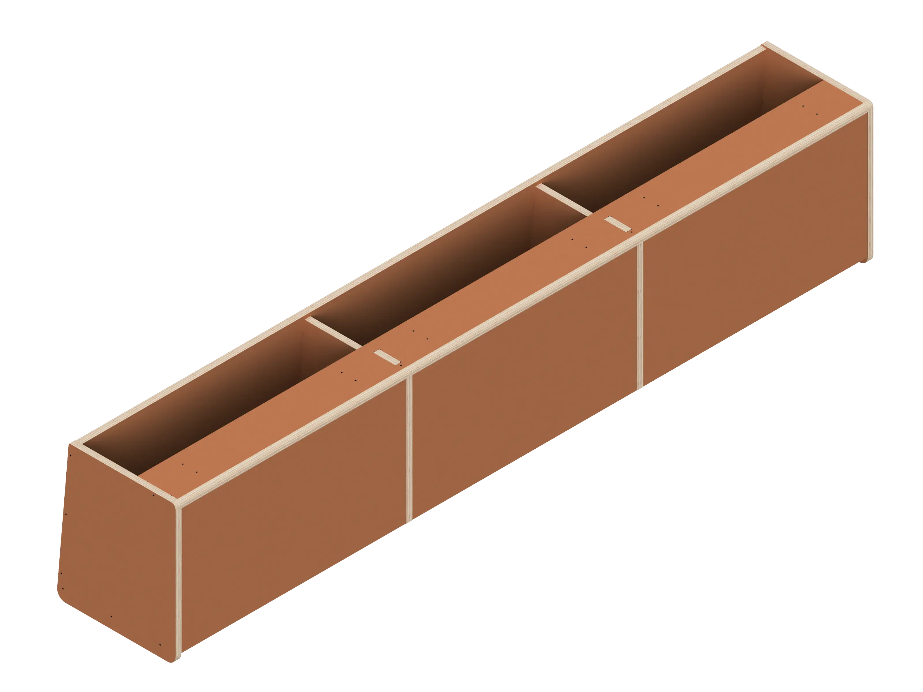 Line drawing of The Vansmith DIY Front upper cabinet for Transit 148E—rectangular with three compartments, vertical dividers, and angled sides. Made from Baltic Birch Plywood, this open storage unit has no visible doors or covers.