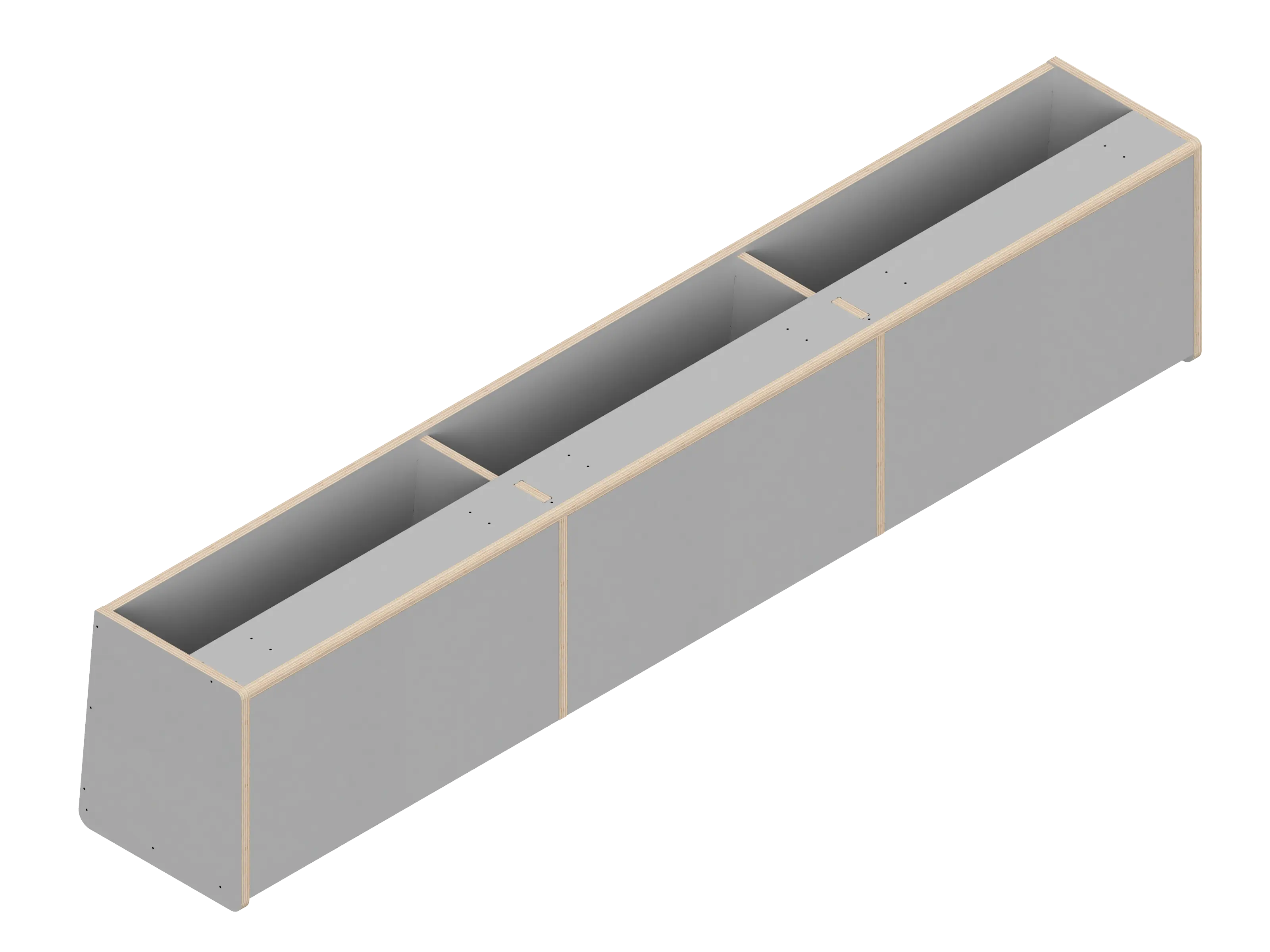 Line drawing of The Vansmith DIY Front upper cabinet for Transit 148E—rectangular with three compartments, vertical dividers, and angled sides. Made from Baltic Birch Plywood, this open storage unit has no visible doors or covers.