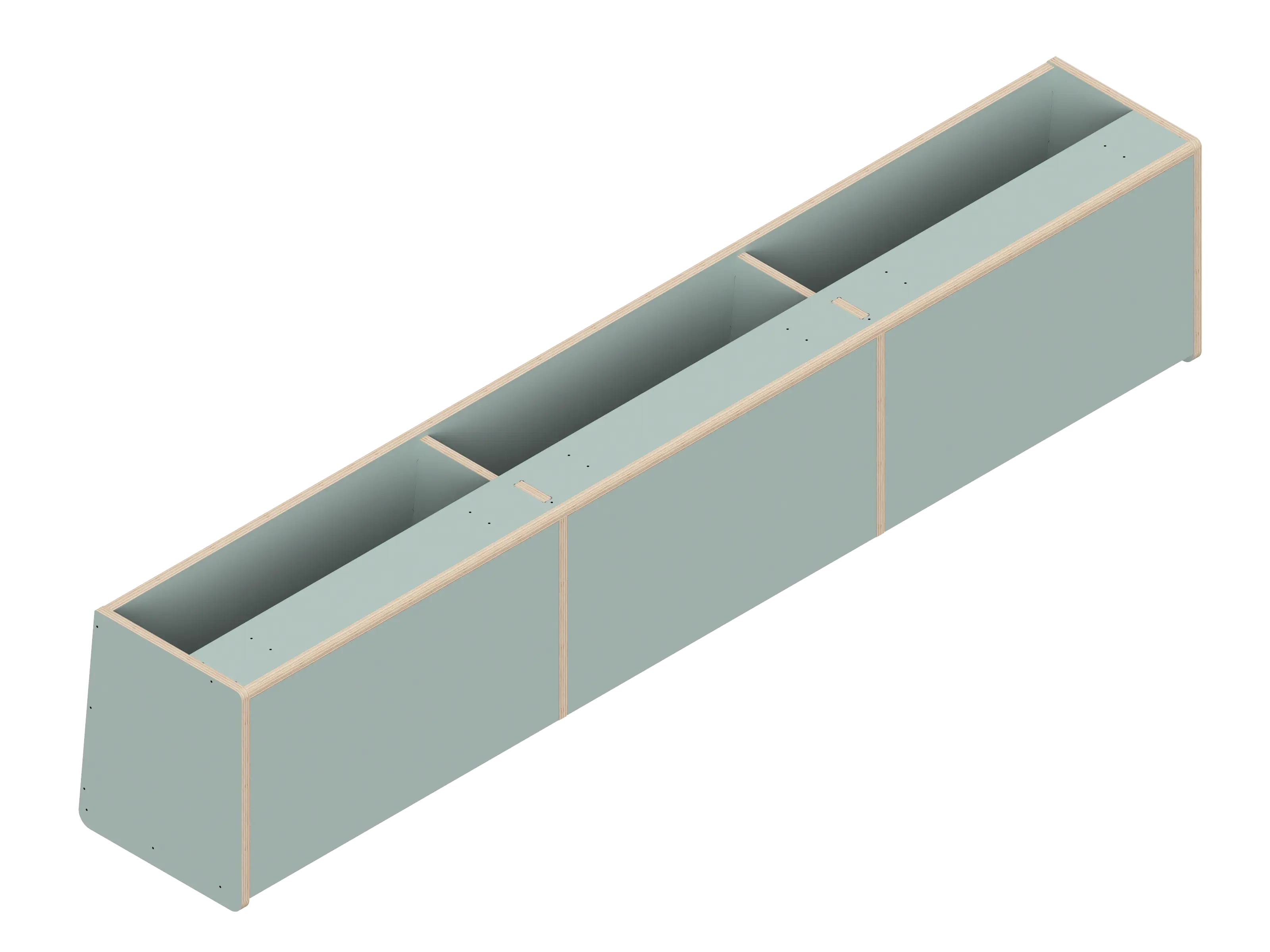 Line drawing of The Vansmith DIY Front upper cabinet for Transit 148E—rectangular with three compartments, vertical dividers, and angled sides. Made from Baltic Birch Plywood, this open storage unit has no visible doors or covers.