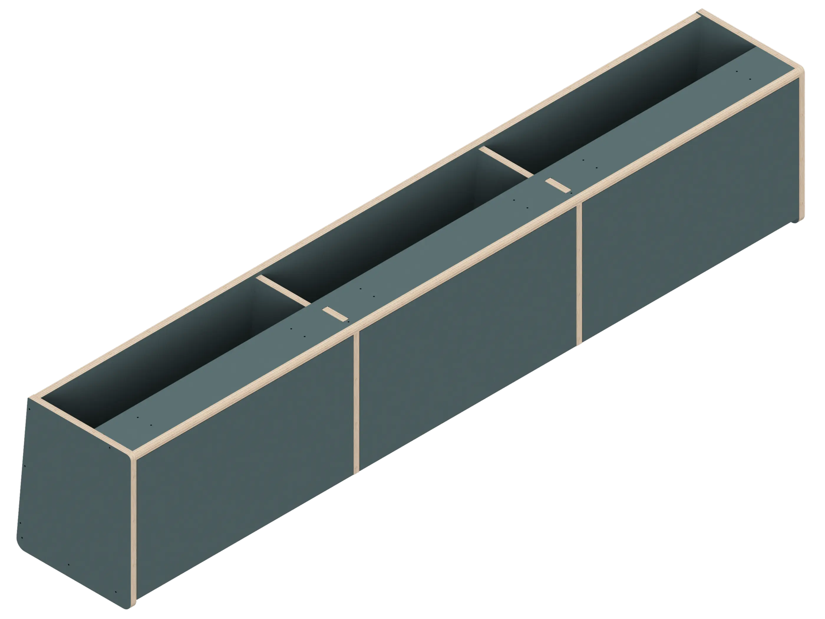 Line drawing of The Vansmith DIY Front upper cabinet for Transit 148E—rectangular with three compartments, vertical dividers, and angled sides. Made from Baltic Birch Plywood, this open storage unit has no visible doors or covers.