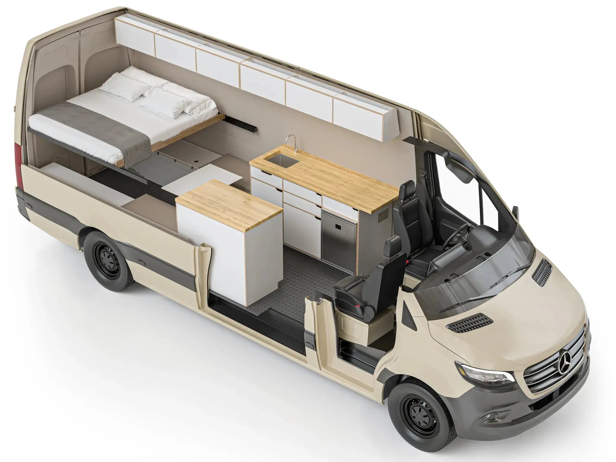 The Vansmith DUO XL Sprinter van conversion interior cutaway view