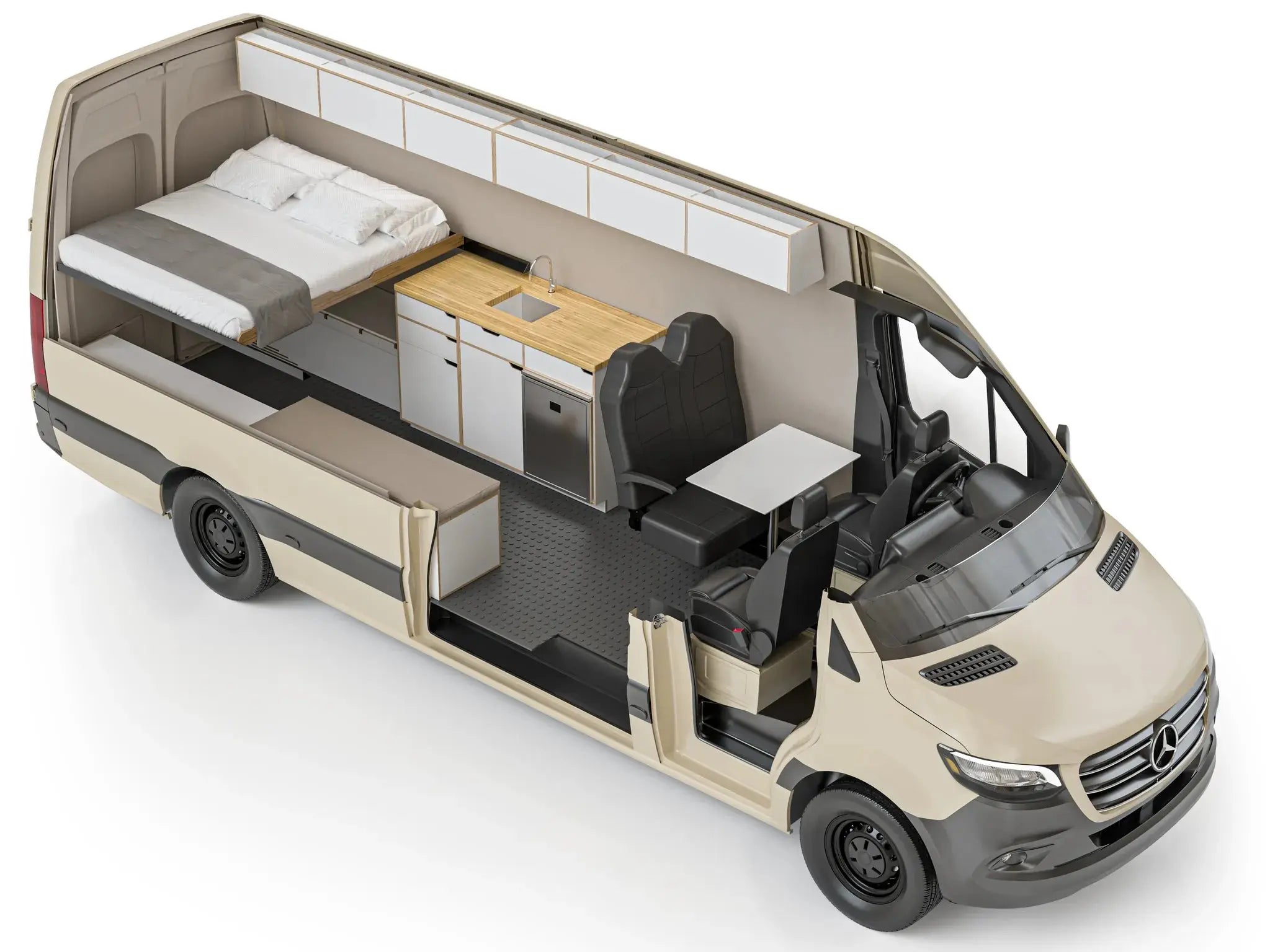 The Vansmith FAMILY XL Sprinter van conversion interior cutaway view