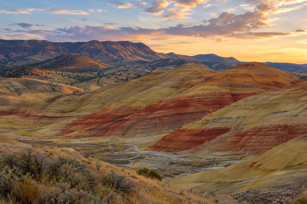 Painted Hills Oregon - Red, gold, and tan striped hills at the Painted Hills Unit under a sunset sky