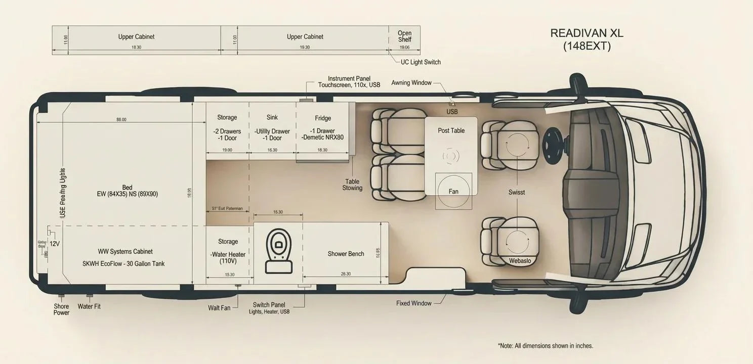 buying a camper van - The most prominent feature in this Readivan XL camper van floor plan is the spac