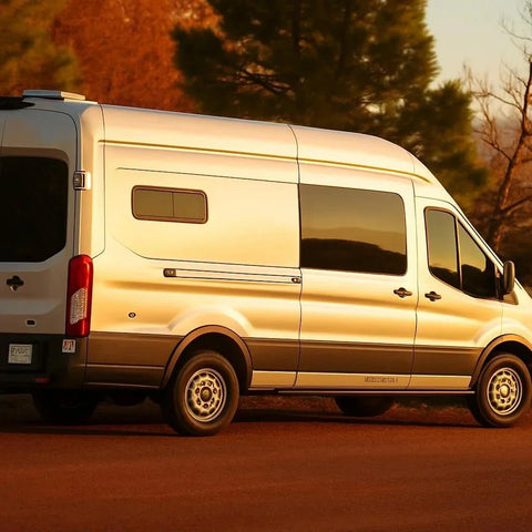 camper van depreciation - This image shows the exterior of a white camper van with a high roof parked outd