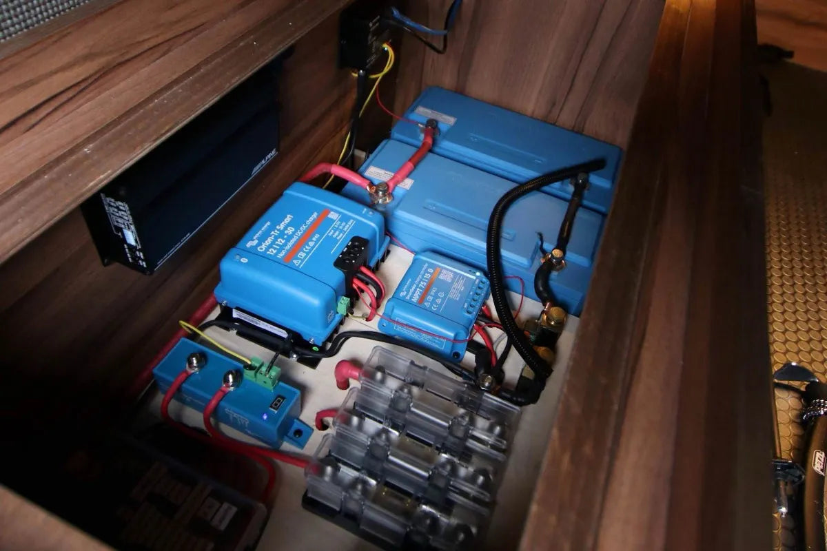 Victron Orion-Tr DC-DC charger, MPPT solar charge controller, and lithium battery bank wired into a Sprinter camper van's electrical compartment