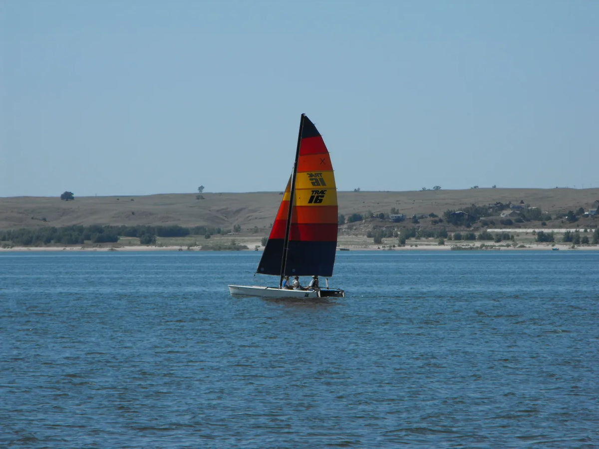 Lake McConaughy - A catamaran sailing on the open water of Lake McConaughy, Nebraska