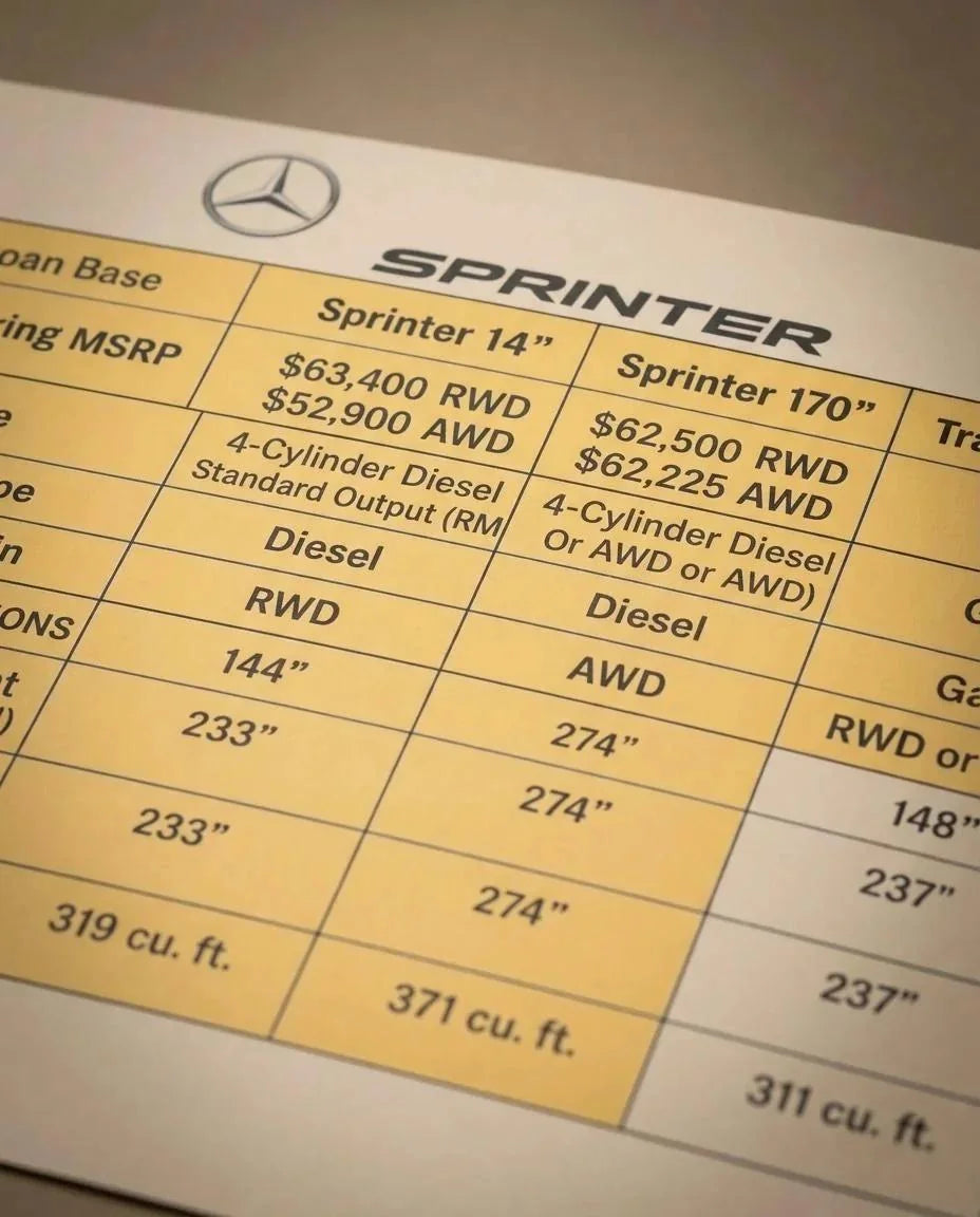 mercedes sprinter mpg - The image shows a close-up of a specification chart for Mercedes-Benz Sprinter v