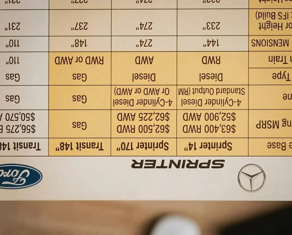ram promaster vs ford transit - This image shows a printed comparison chart for the Ford Transit and Mercedes Sp