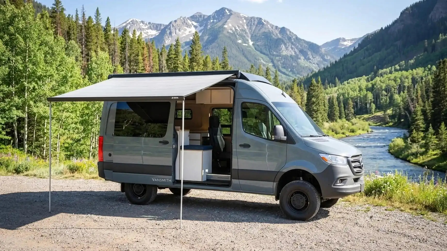 van camping near denver - Camper van with awning set up near river and mountains