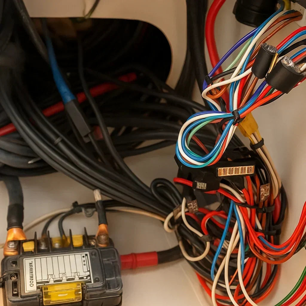 A van's 12-volt wiring harness connected to a fuse and relay block near the battery terminals