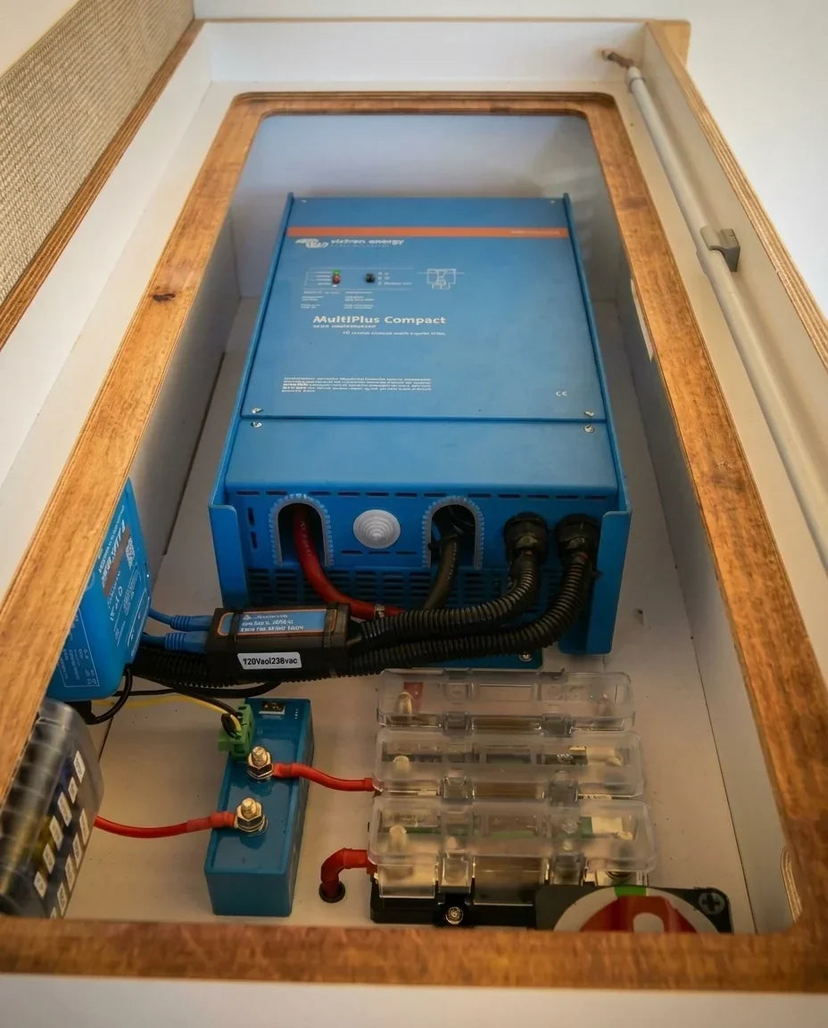 victron multiplus - This photo shows a close-up of a camper van's electrical system compartment