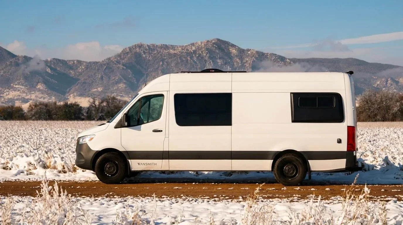 Winter Van Camping Colorado - A Vansmith camper van parked in a snowy Colorado field with mountains behind it