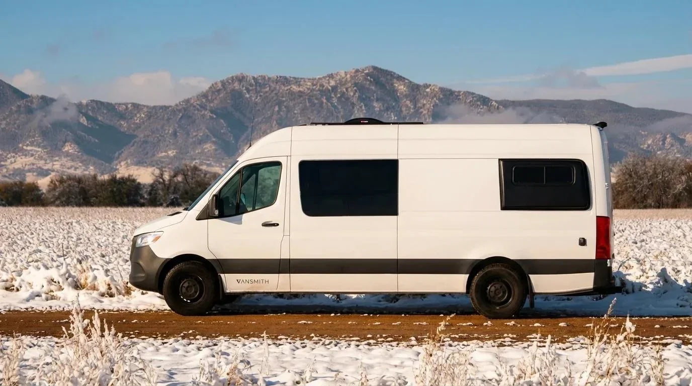 Colorado camper van - This image shows a white Vansmith Sprinter camper van conversion with the Vansmith wordmark on its side, parked on a dirt road beside a snow-dusted field with mountains in the background.