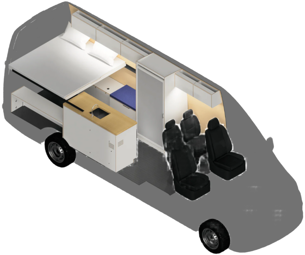 Layout of The Vansmith Family XLS Sprinter 170 / Ford Transit 148 High Roof Extended Van Conversion with Shower