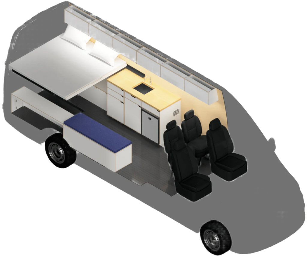 Layout of The Vansmith Family XL Sprinter 170 / Ford Transit 148 High Roof Extended Van Conversion for Families