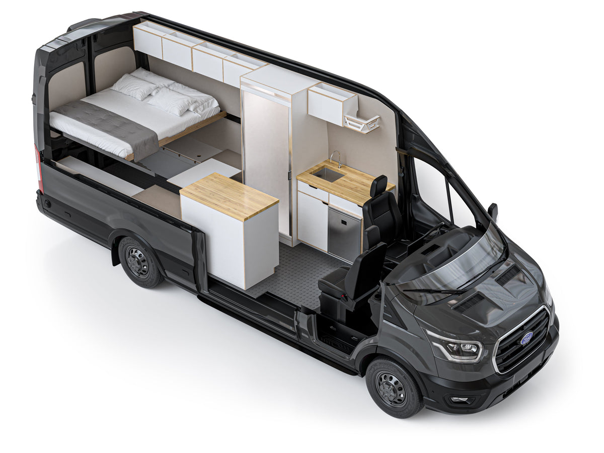 Ford Transit Duo XLS camper van interior layout render with enclosed shower