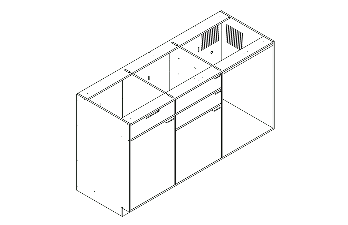Isometric line drawing of The Vansmith DIY Three unit Kitchen Galley (CR130) base, featuring two pull-out drawers, a single-door section, an open storage area, and a countertop sink cutout.