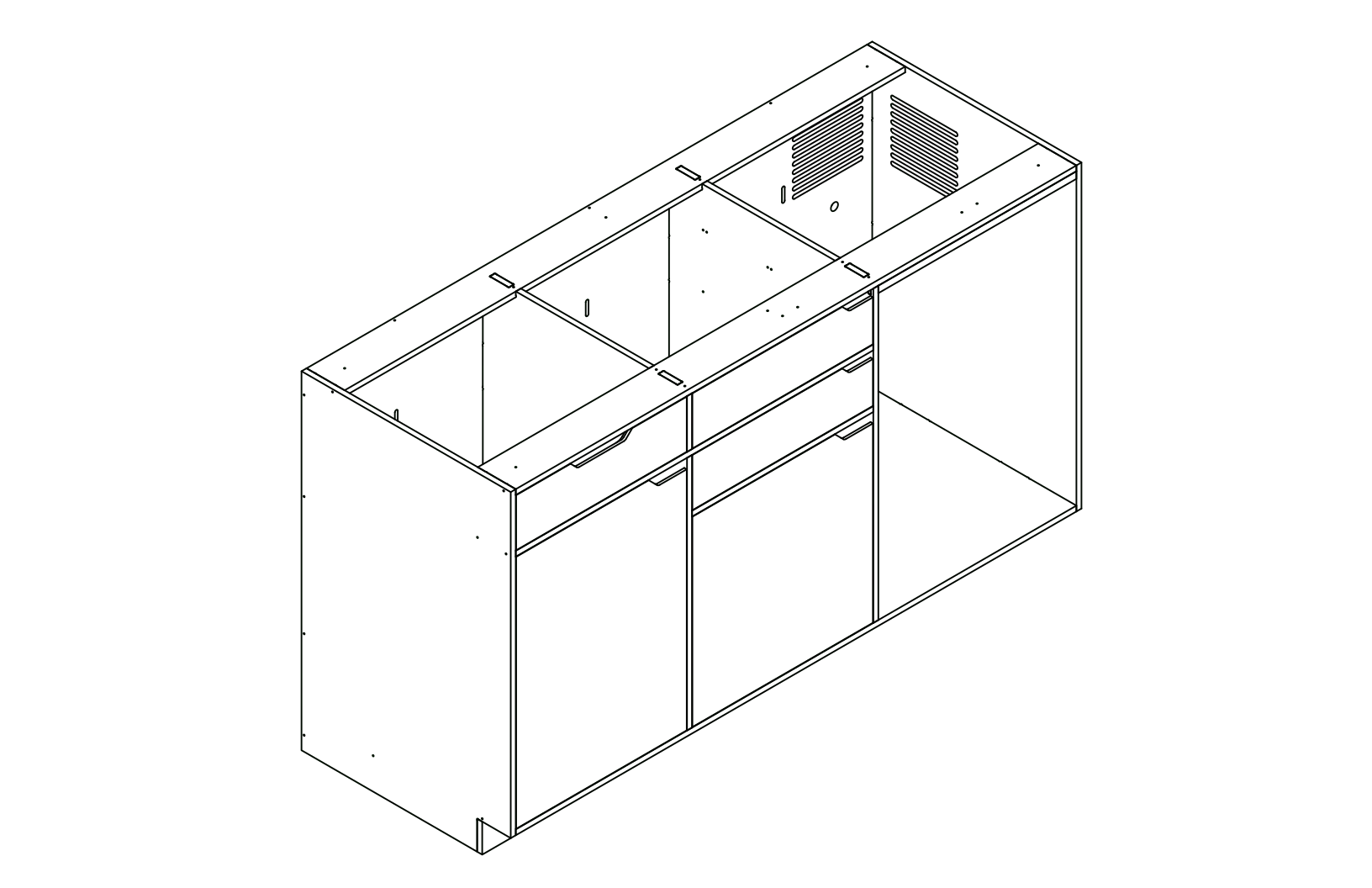 Isometric line drawing of The Vansmith DIY Three unit Kitchen Galley (CR130) base, featuring two pull-out drawers, a single-door section, an open storage area, and a countertop sink cutout.