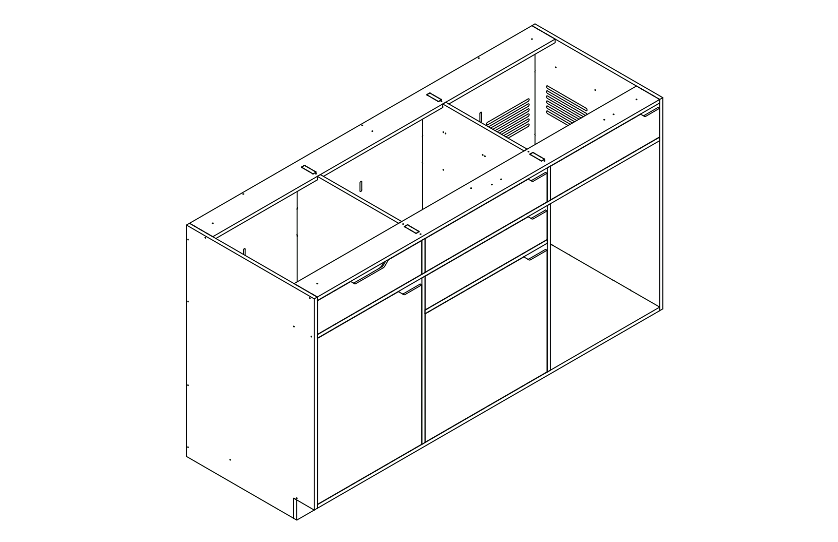 Isometric line drawing of The Vansmith DIY Three unit Kitchen Galley (CR85) base cabinet, featuring three compartments, two drawers, and open spaces for appliances or storage‚Äîshown without countertops or cabinet doors.
