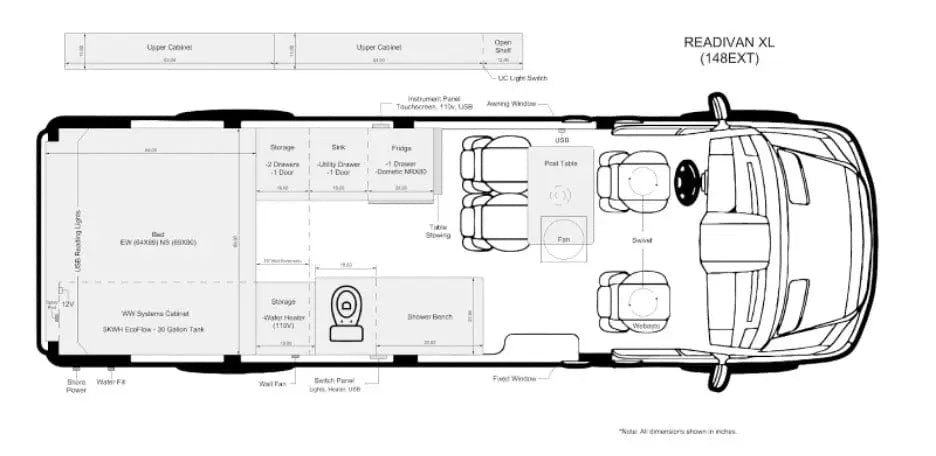 Layout of FAMILY XL PLUS Ford Transit AWD Conversion Van for Sale in Boulder, Colorado – The Vansmith
