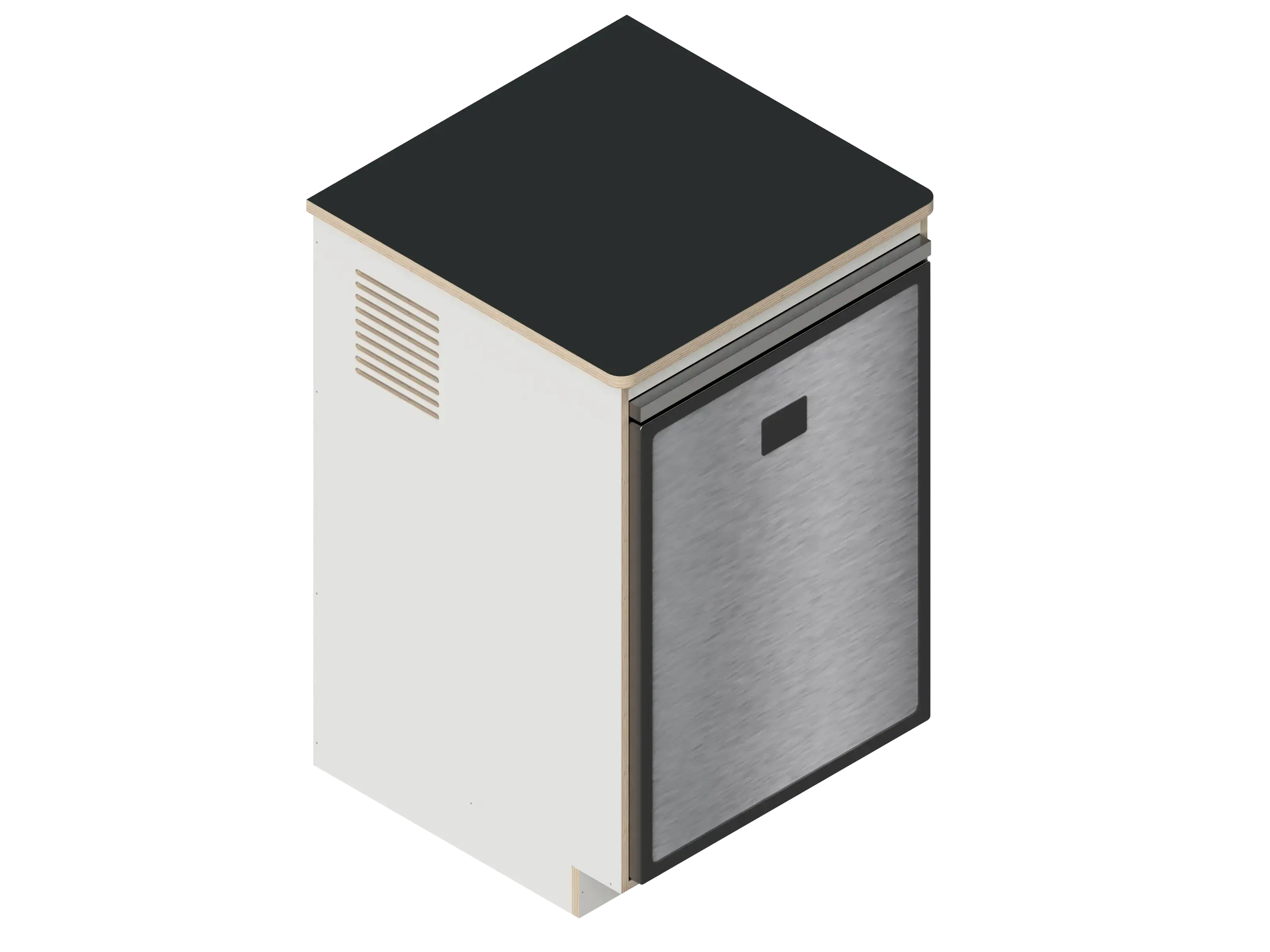 A simple isometric line drawing illustrates The Vansmith DIY Single unit Refrigerator Galley (CR130), featuring an open side and rear vent, ideal for standalone use or seamless van fridge cabinet integration.