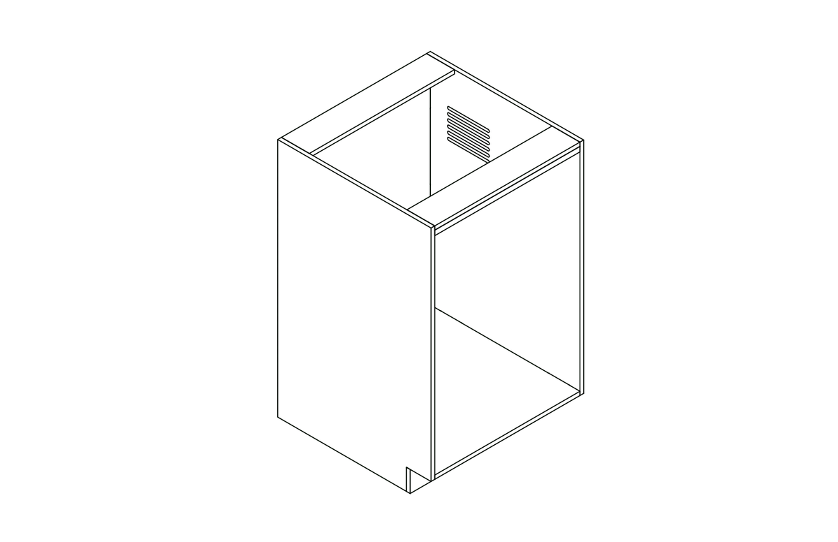 A simple isometric line drawing illustrates The Vansmith DIY Single unit Refrigerator Galley (CR130), featuring an open side and rear vent, ideal for standalone use or seamless van fridge cabinet integration.
