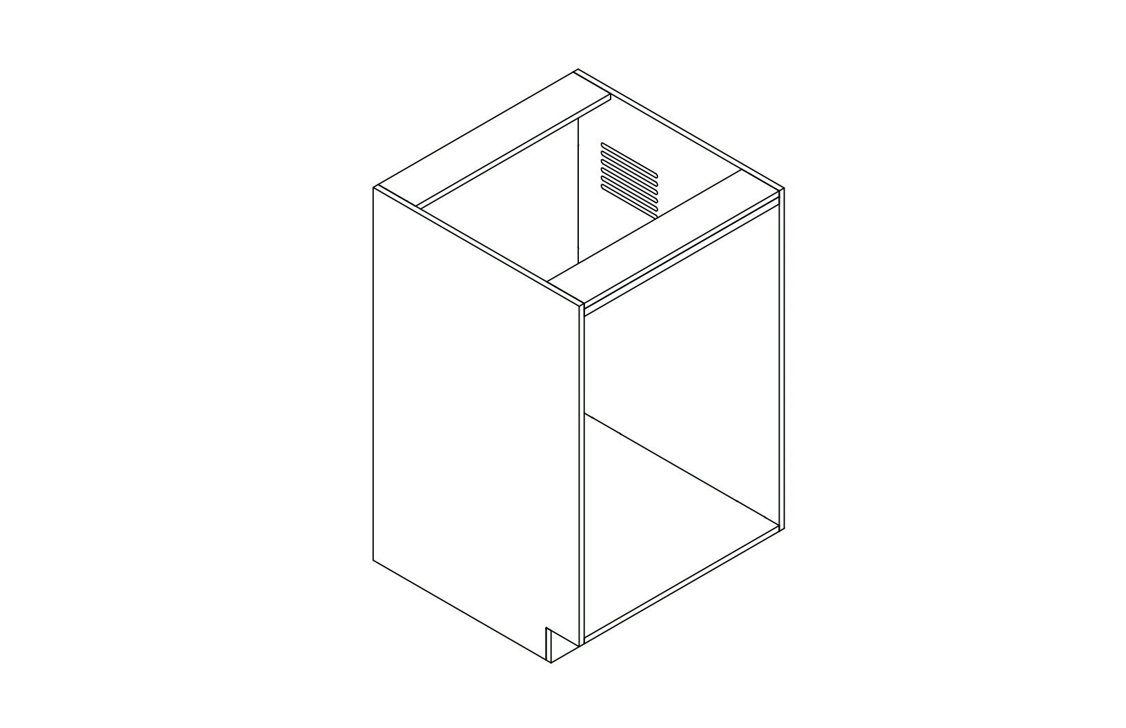 A simple isometric line drawing illustrates The Vansmith DIY Single unit Refrigerator Galley (CR130), featuring an open side and rear vent, ideal for standalone use or seamless van fridge cabinet integration.