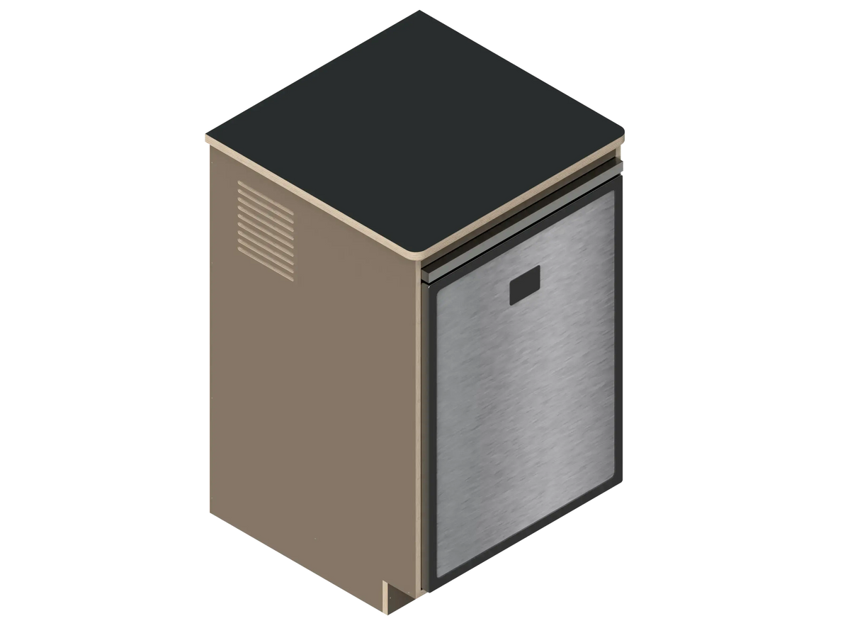 A simple isometric line drawing illustrates The Vansmith DIY Single unit Refrigerator Galley (CR130), featuring an open side and rear vent, ideal for standalone use or seamless van fridge cabinet integration.