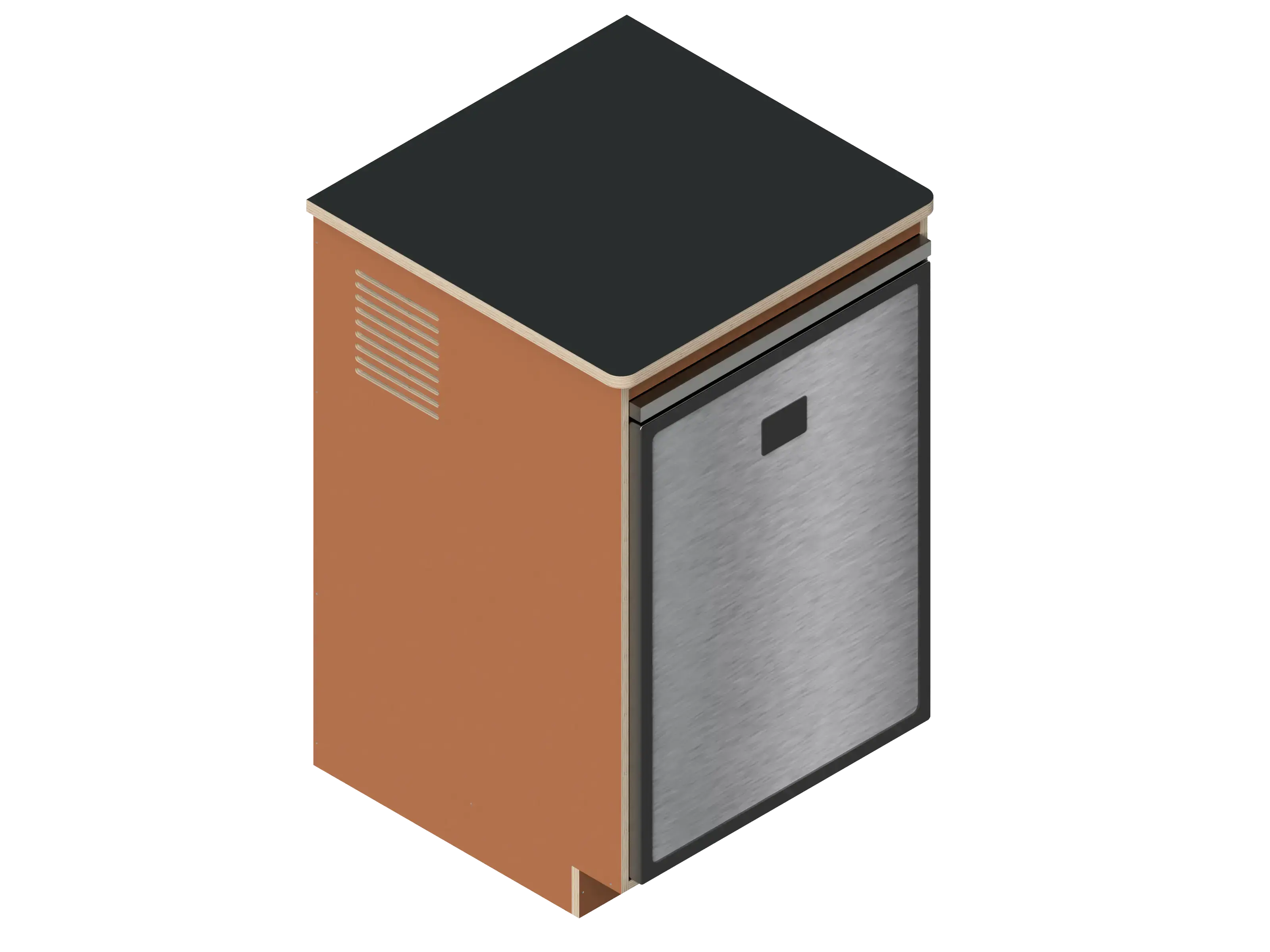 A simple isometric line drawing illustrates The Vansmith DIY Single unit Refrigerator Galley (CR130), featuring an open side and rear vent, ideal for standalone use or seamless van fridge cabinet integration.