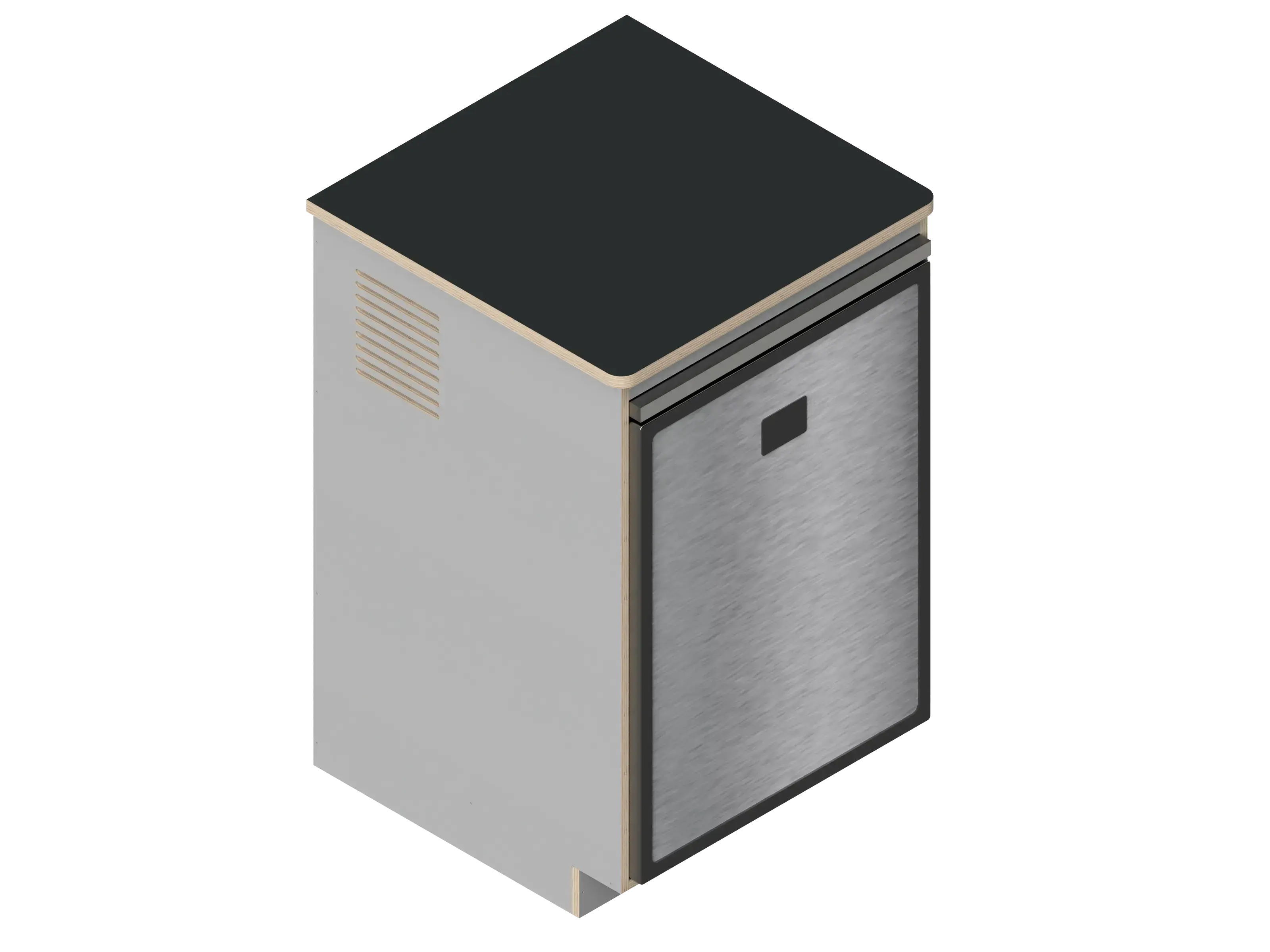 A simple isometric line drawing illustrates The Vansmith DIY Single unit Refrigerator Galley (CR130), featuring an open side and rear vent, ideal for standalone use or seamless van fridge cabinet integration.