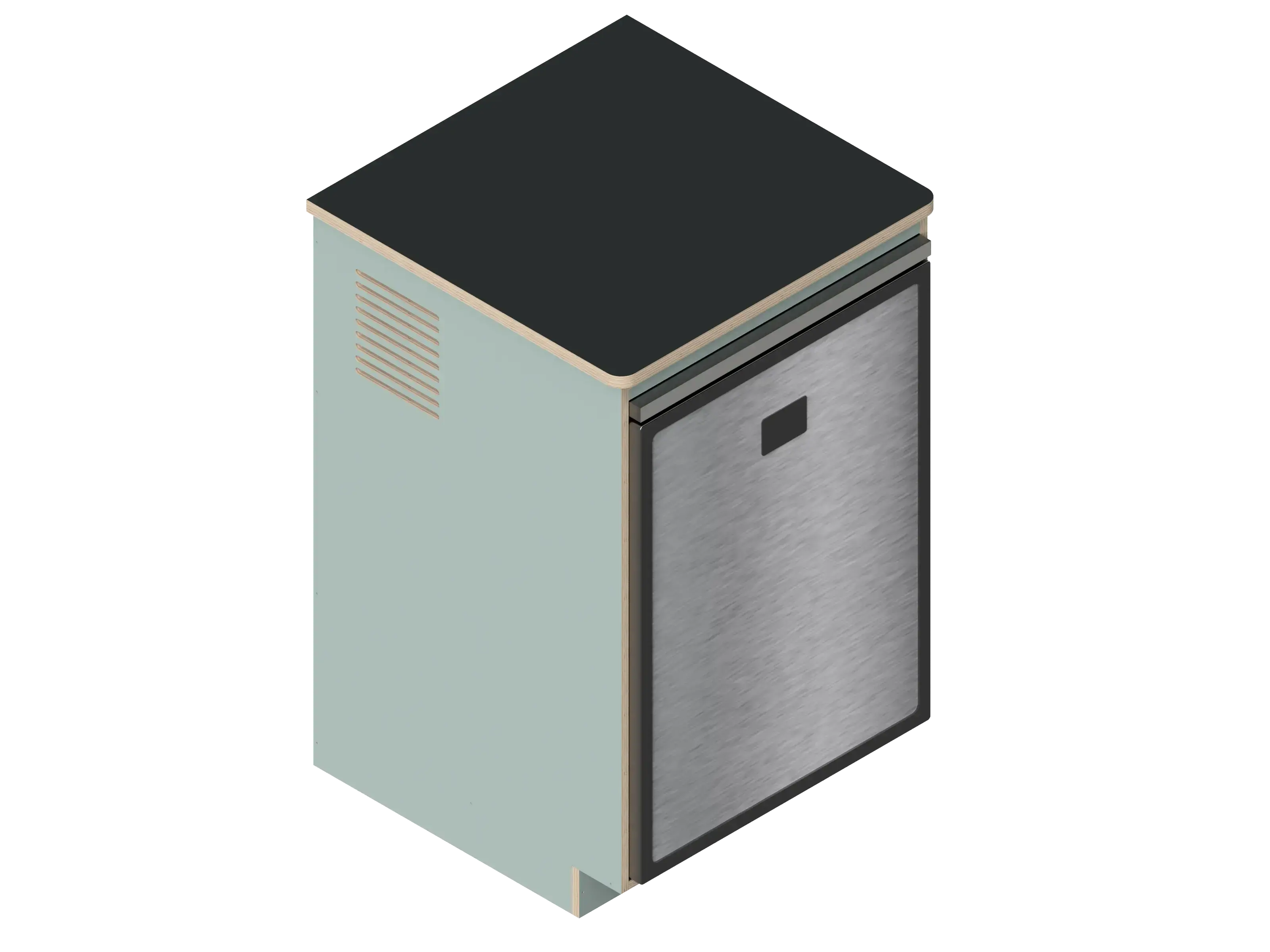 A simple isometric line drawing illustrates The Vansmith DIY Single unit Refrigerator Galley (CR130), featuring an open side and rear vent, ideal for standalone use or seamless van fridge cabinet integration.