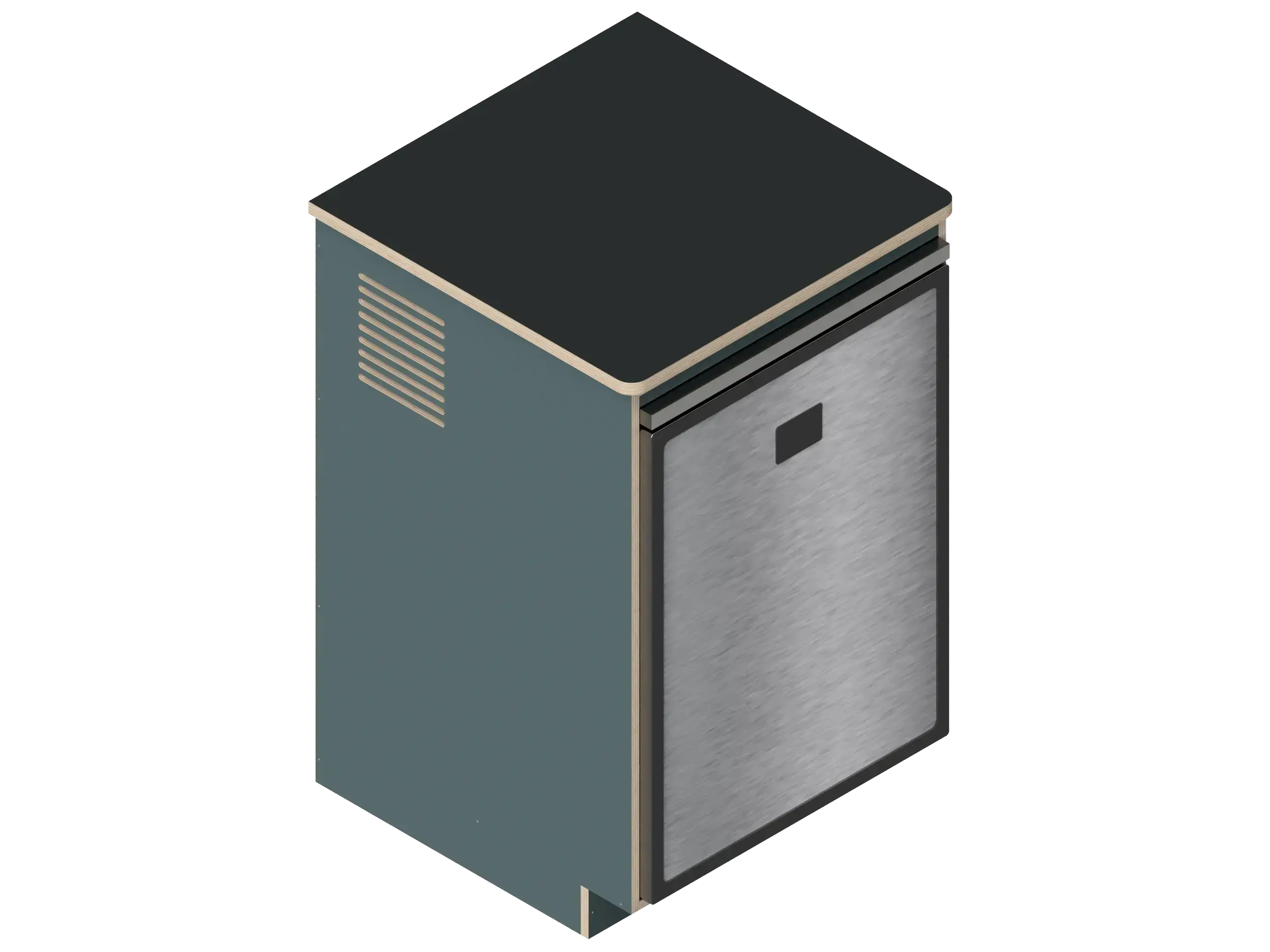 A simple isometric line drawing illustrates The Vansmith DIY Single unit Refrigerator Galley (CR130), featuring an open side and rear vent, ideal for standalone use or seamless van fridge cabinet integration.