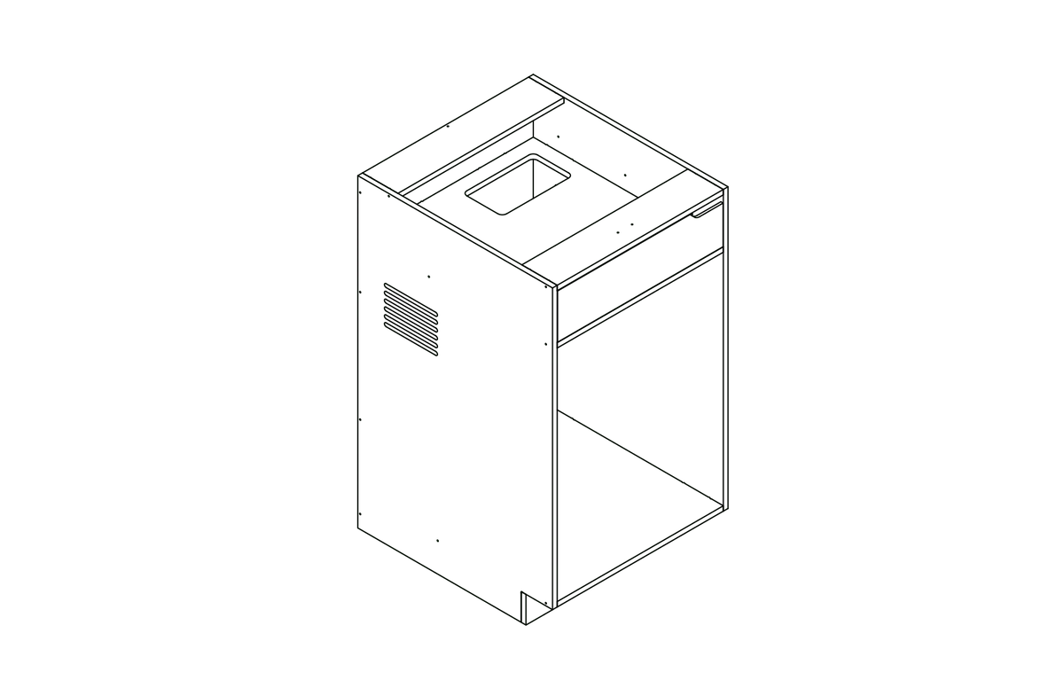 Isometric line drawing of The Vansmith DIY Single Unit Refrigerator Galley (CR85), a rectangular metal box with open front, side vent, and top square cutout‚Äîideal for Van Refrigerator integration or as a standalone fridge cabinet with storage.
