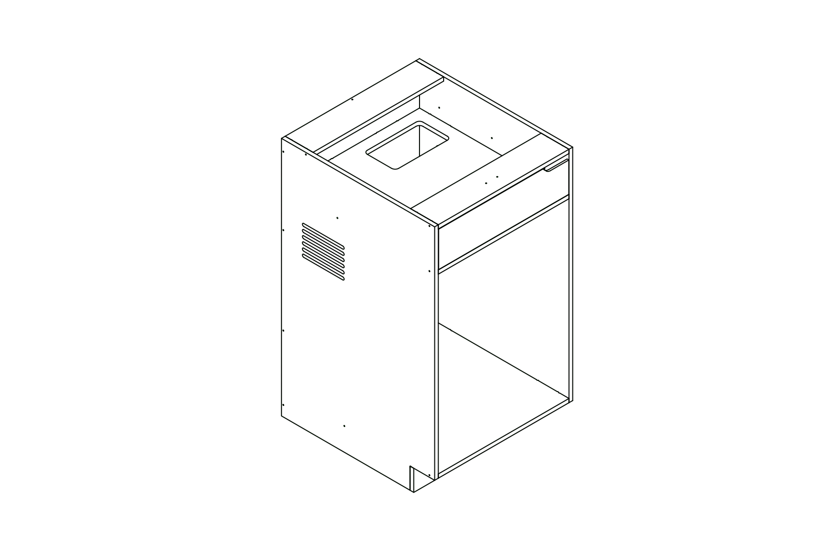 Isometric line drawing of The Vansmith DIY Single Unit Refrigerator Galley (CR85), a rectangular metal box with open front, side vent, and top square cutout‚Äîideal for Van Refrigerator integration or as a standalone fridge cabinet with storage.