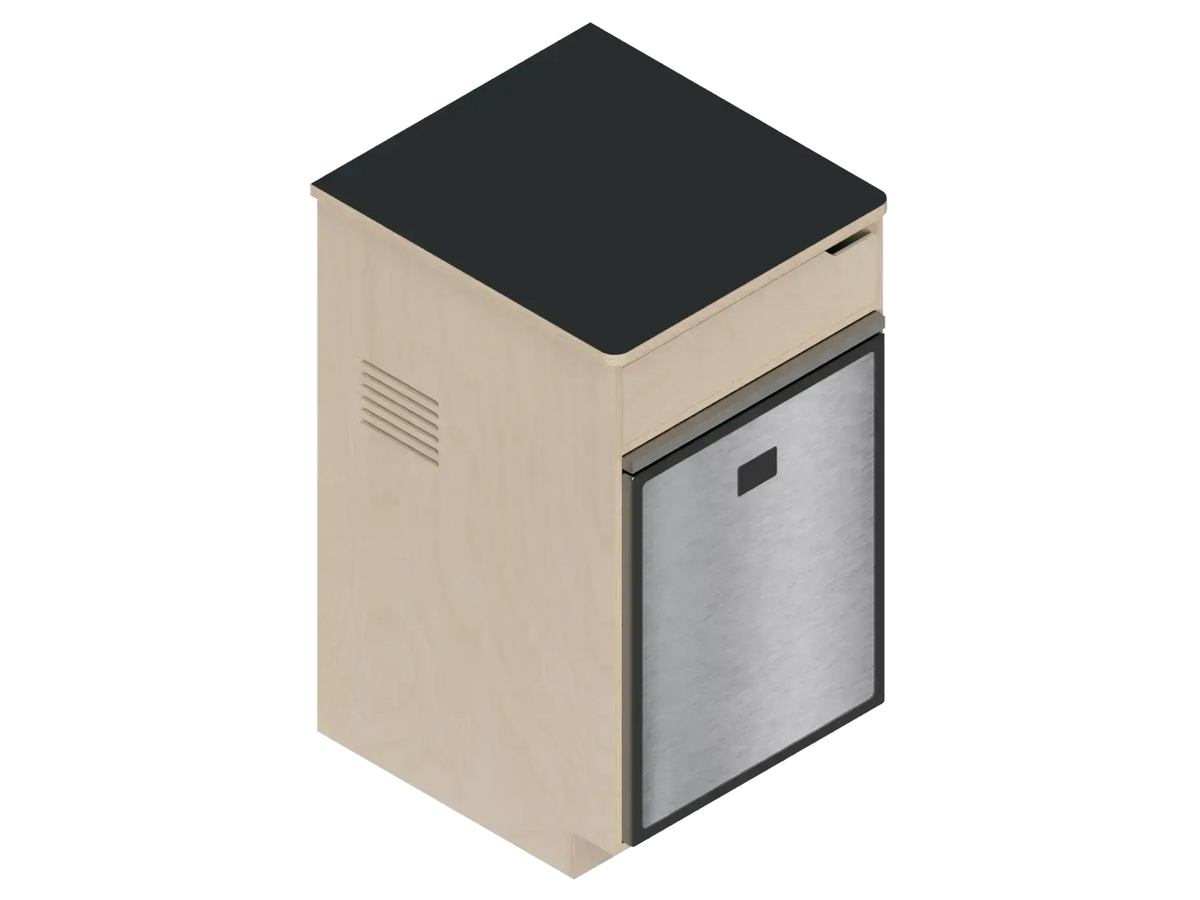 Isometric line drawing of The Vansmith DIY Single Unit Refrigerator Galley (CR85), a rectangular metal box with open front, side vent, and top square cutout‚Äîideal for Van Refrigerator integration or as a standalone fridge cabinet with storage.