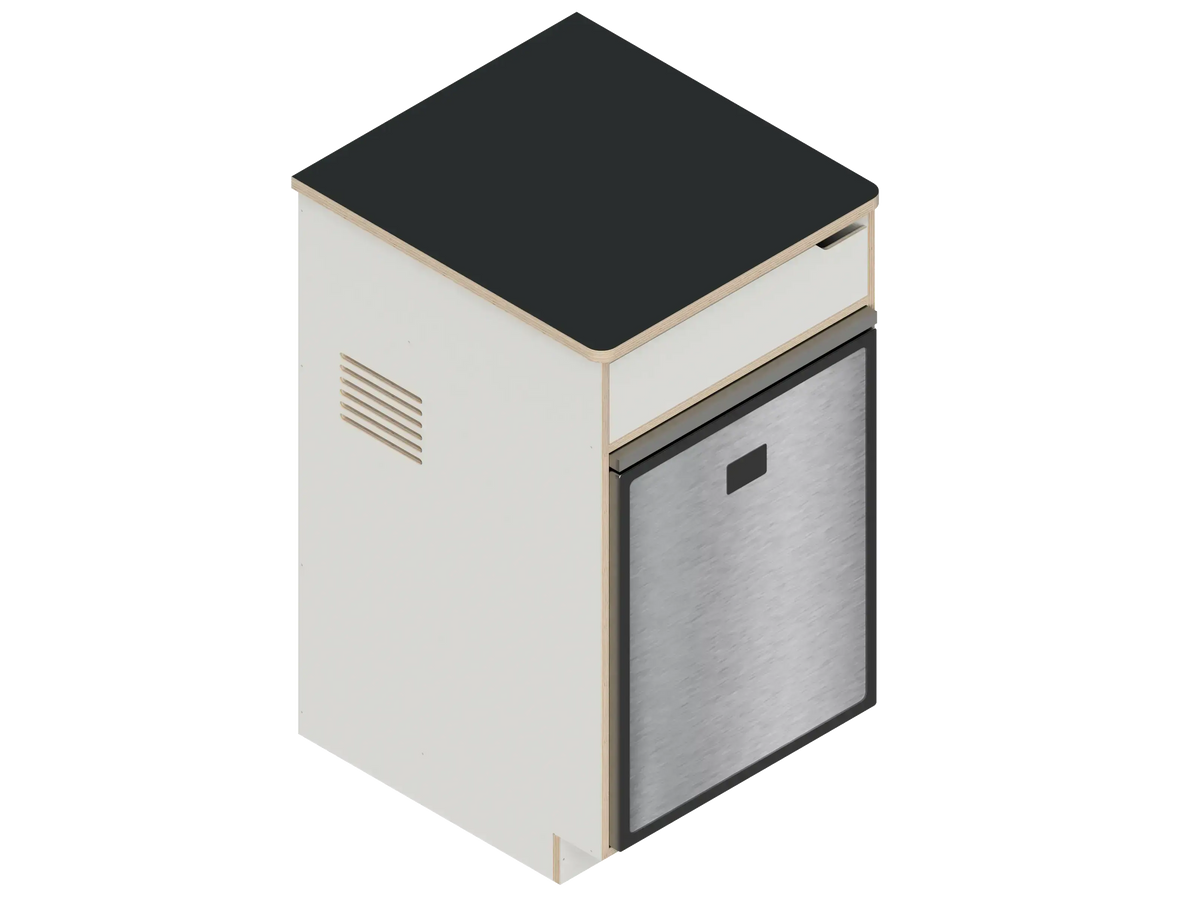 Isometric line drawing of The Vansmith DIY Single Unit Refrigerator Galley (CR85), a rectangular metal box with open front, side vent, and top square cutout‚Äîideal for Van Refrigerator integration or as a standalone fridge cabinet with storage.