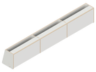 Isometric line drawing of The Vansmith DIY Front Upper Cabinet for Sprinter 170‚Äîa long, rectangular metal container with three dividers and a sloped end, featuring edge bolts‚Äîperfect for use with Baltic Birch Plywood in cabinetry projects.