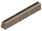 Isometric line drawing of The Vansmith DIY Front Upper Cabinet for Sprinter 170‚Äîa long, rectangular metal container with three dividers and a sloped end, featuring edge bolts‚Äîperfect for use with Baltic Birch Plywood in cabinetry projects.