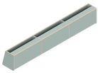 Isometric line drawing of The Vansmith DIY Front Upper Cabinet for Sprinter 170‚Äîa long, rectangular metal container with three dividers and a sloped end, featuring edge bolts‚Äîperfect for use with Baltic Birch Plywood in cabinetry projects.