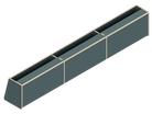Isometric line drawing of The Vansmith DIY Front Upper Cabinet for Sprinter 170‚Äîa long, rectangular metal container with three dividers and a sloped end, featuring edge bolts‚Äîperfect for use with Baltic Birch Plywood in cabinetry projects.