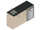 Isometric line drawing of The Vansmith DIY Three unit Kitchen Galley (CR130) base, featuring two pull-out drawers, a single-door section, an open storage area, and a countertop sink cutout.