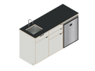 Isometric line drawing of The Vansmith DIY Three unit Kitchen Galley (CR130) base, featuring two pull-out drawers, a single-door section, an open storage area, and a countertop sink cutout.