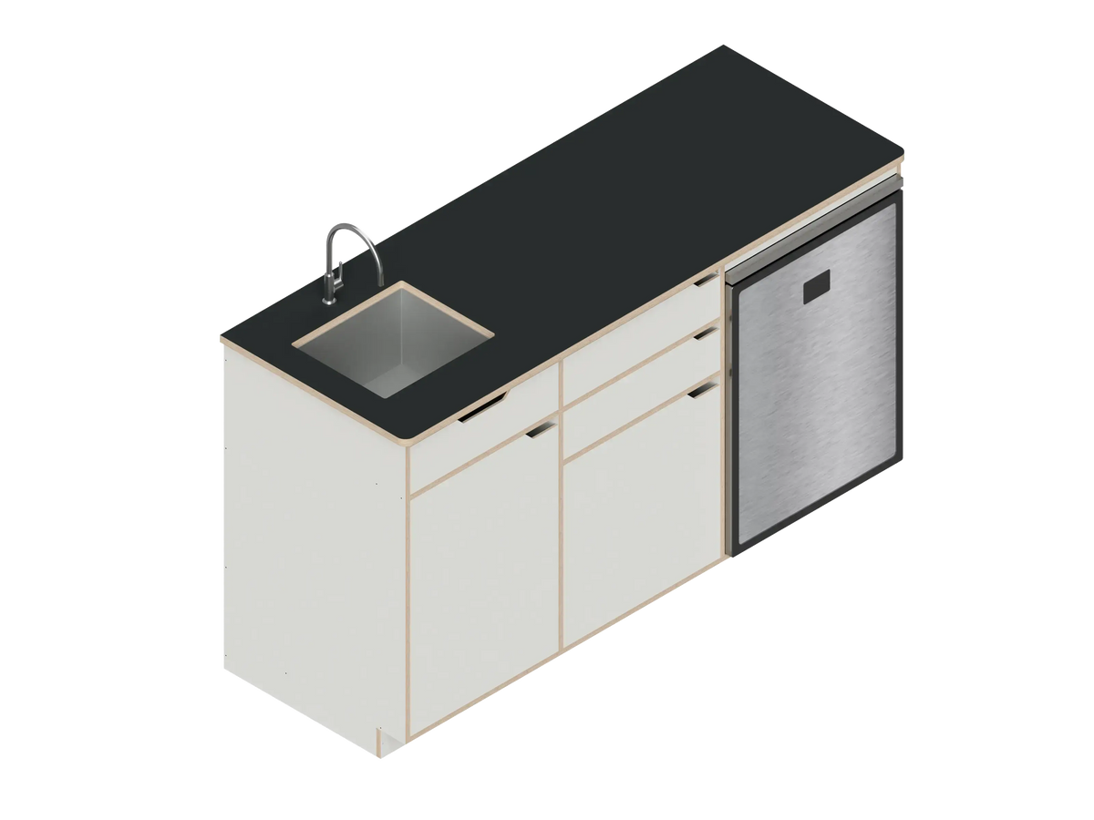 Isometric line drawing of The Vansmith DIY Three unit Kitchen Galley (CR130) base, featuring two pull-out drawers, a single-door section, an open storage area, and a countertop sink cutout.